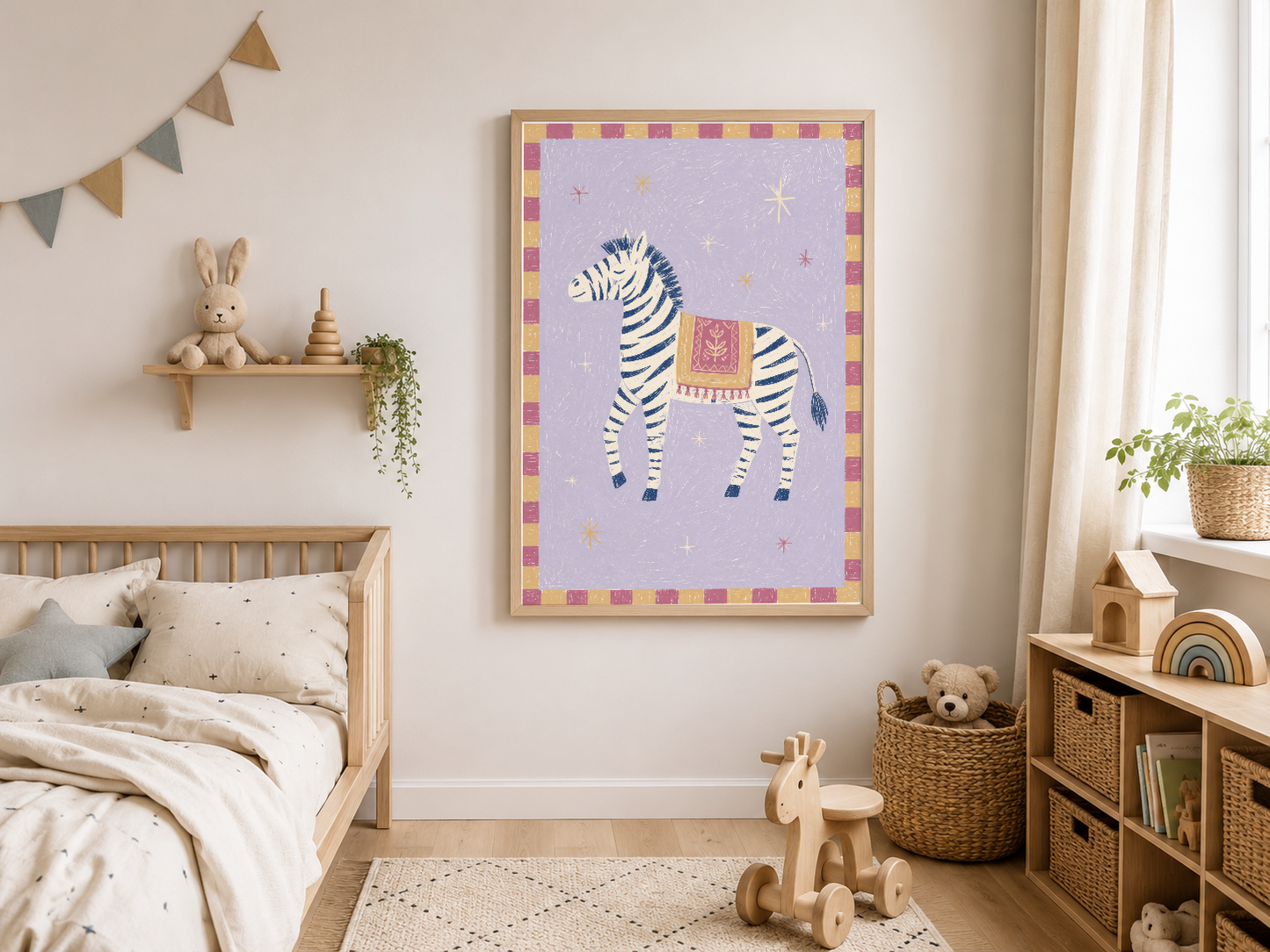 Lila arka funda renkli çerçeveli, şeker pembe dekorlu zebra tasarımlı çocuk odası duvar tablosu.