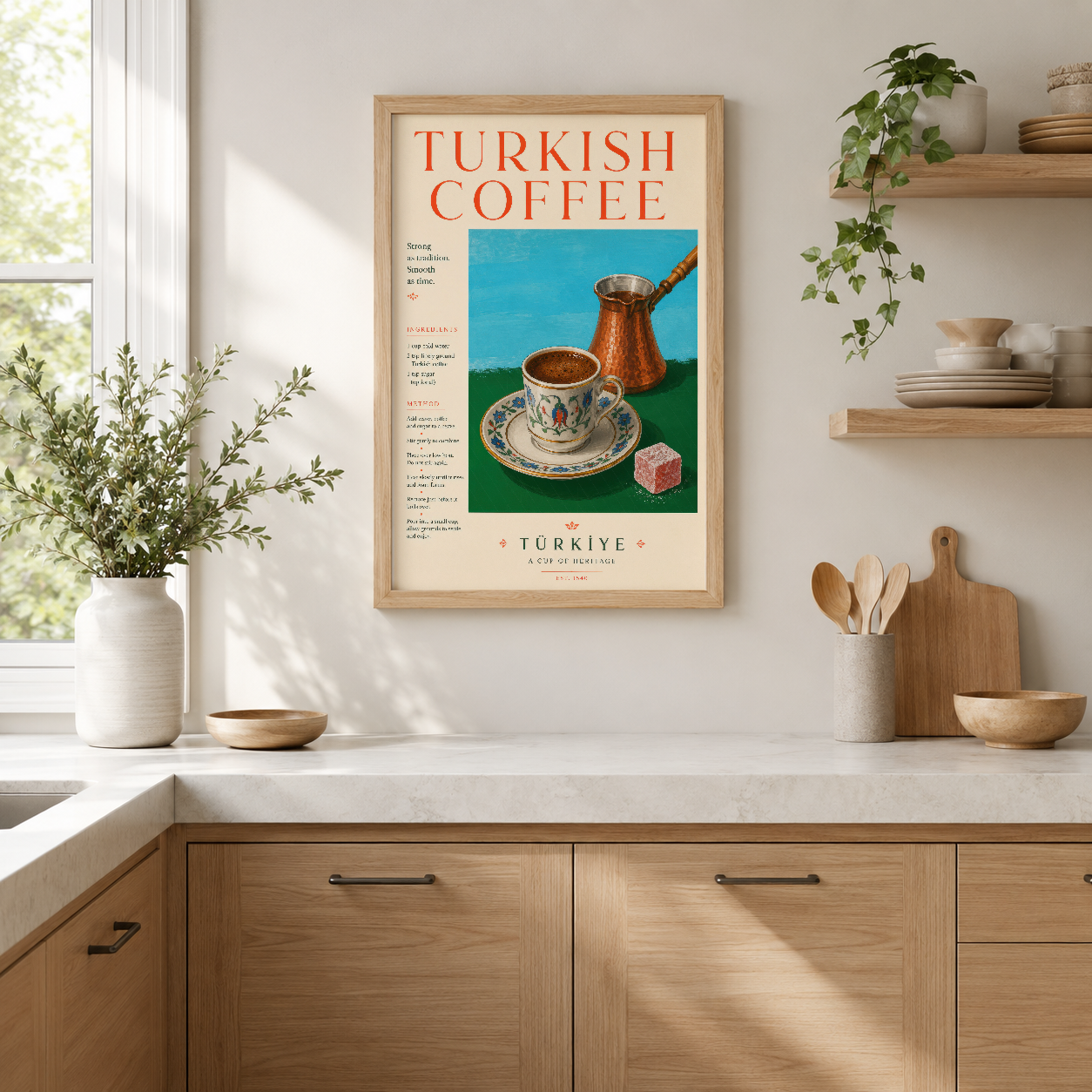 Türk kahvesi geleneğini kutlayan retro poster, ahşap çerçevede mutfak dekorasyonunda sergileniyor.