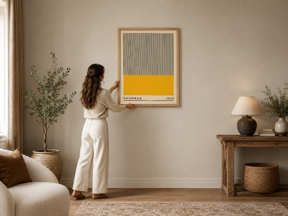 Bauhaus tarzı soyut tasarım, sarı ve çizgili desenle modern oturma odasını zenginleştiriyor.