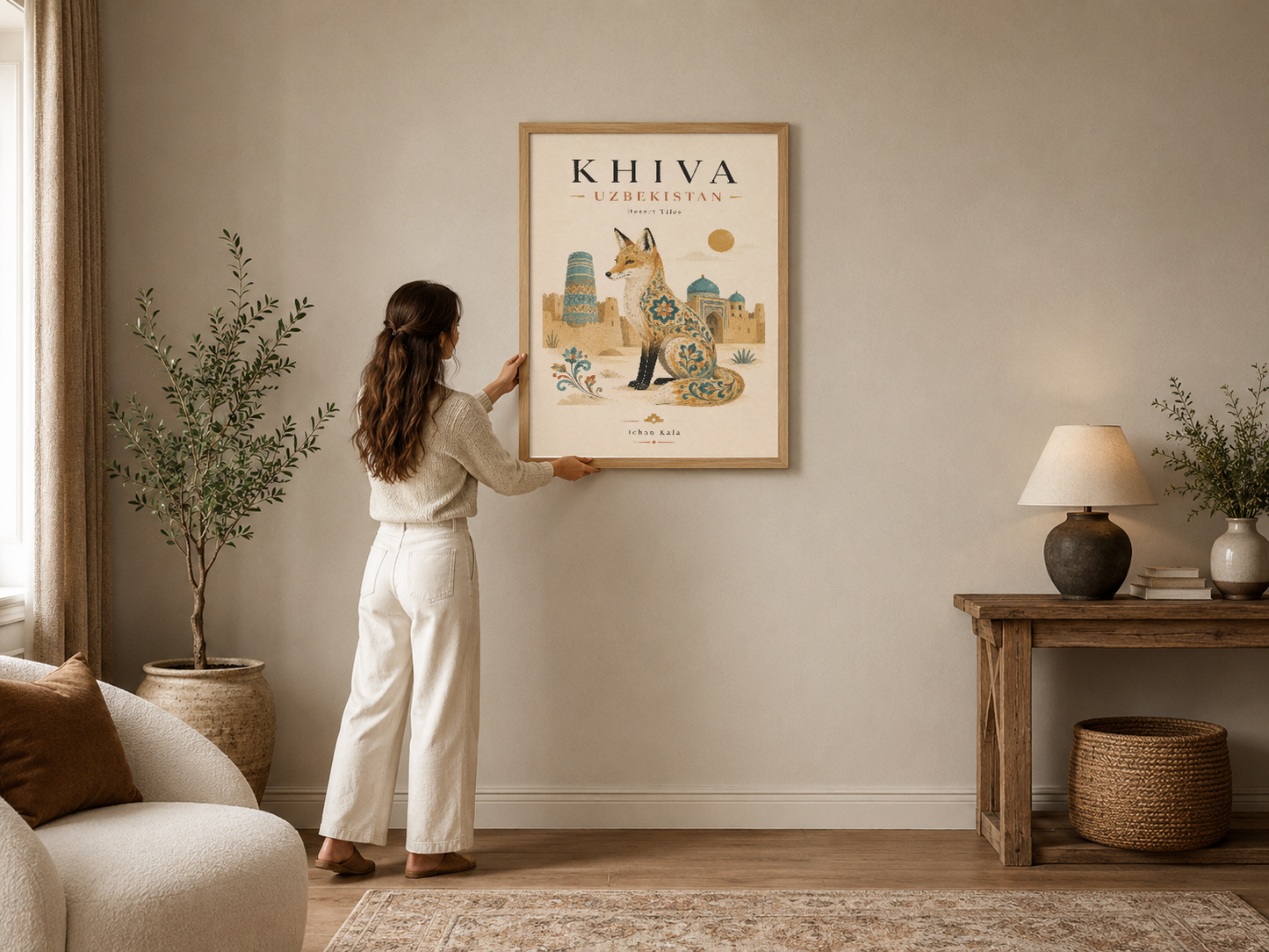 Khiva Özbekistan temalı sanat poster, dekoratif çerçevesiyle modern oturma odasının duvarını süslemektedir.