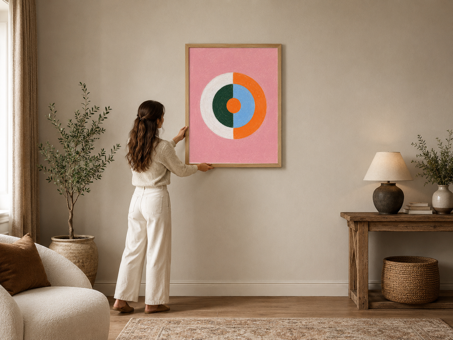 Pembe zeminde geometrik daire motifiyle modern soyut tasarım, ahşap çerçeveli duvar tablosu.