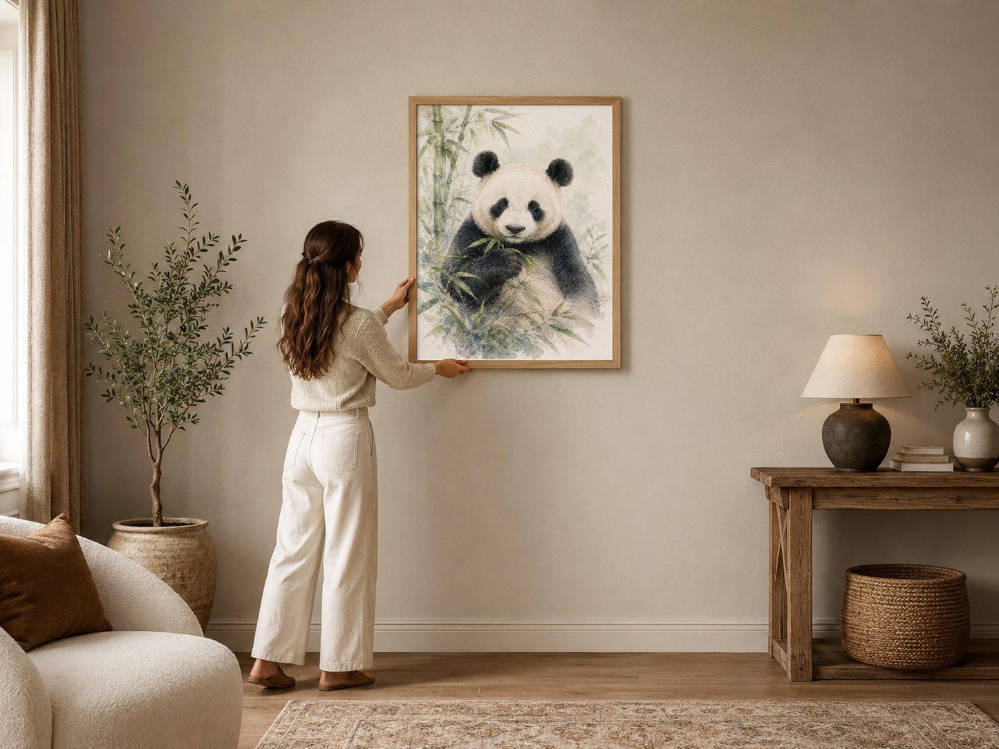 Yumuşak çizgi stilinde panda portresi, doğal bambu yapraklarıyla, ahşap çerçevede modern oturma odasını süsleyen sanat eseri.