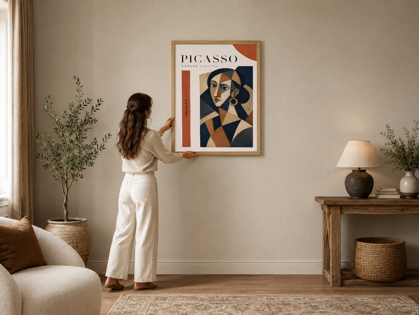 Picasso Modern Gallery posteri, soyut geometrik portre tasarımı, turuncu ve lacivert tonlarıyla minimalist iç mekanda.