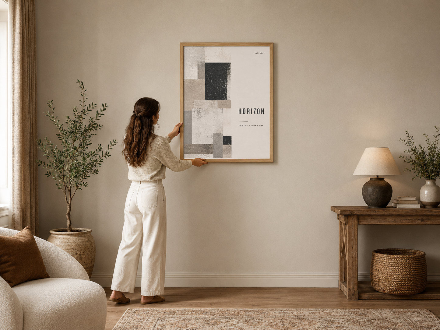 Soyut geometrik tasarımlı Horizon posteri, çam çerçeveli, nötr tonlu modern oturma odasında asılı.