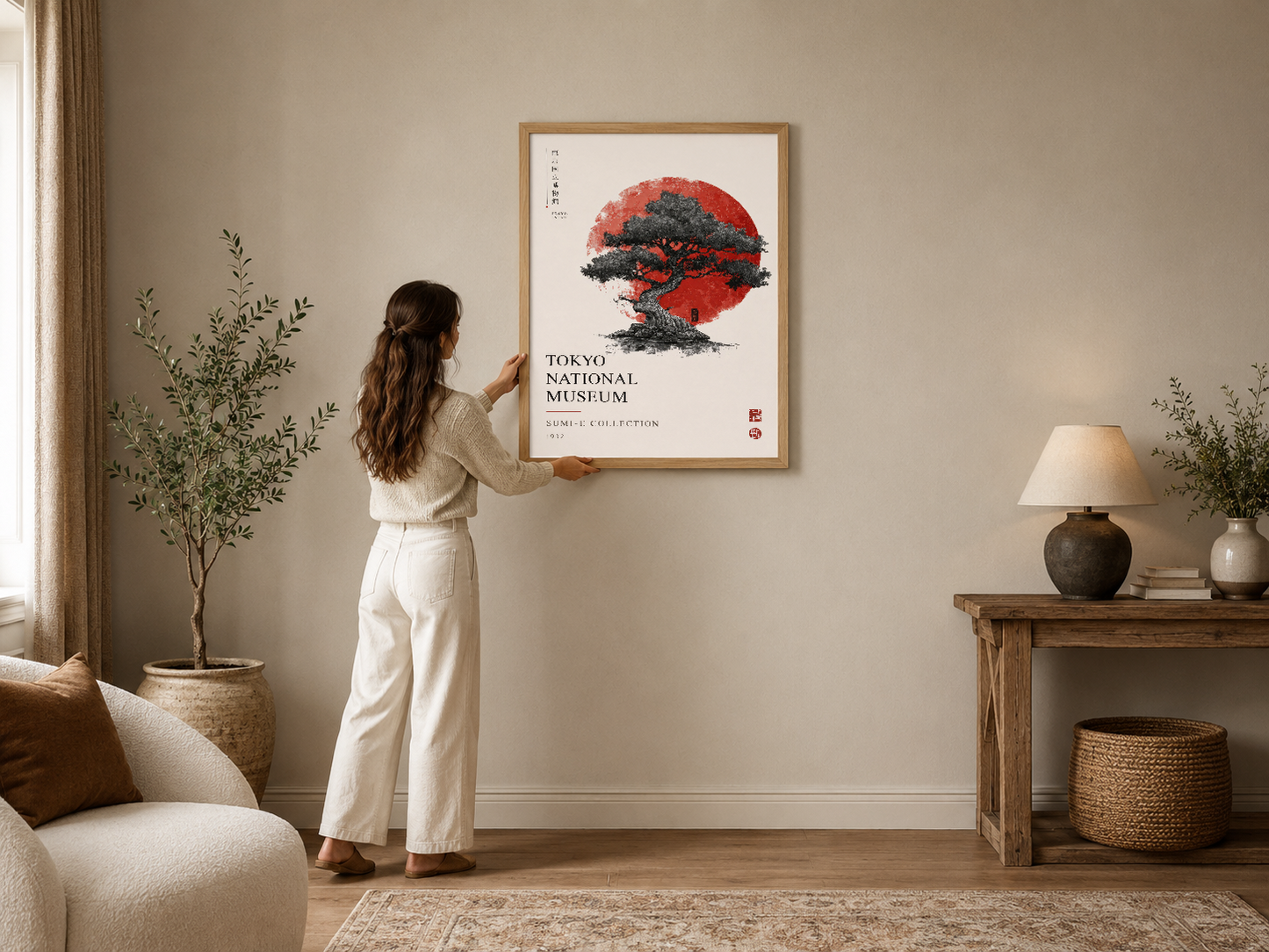 Japonya esintili kırmızı güneş ve ağaç motifiyle tasarlanmış modern sanat tablosu, çerçeveli olarak sergilenmektedir.