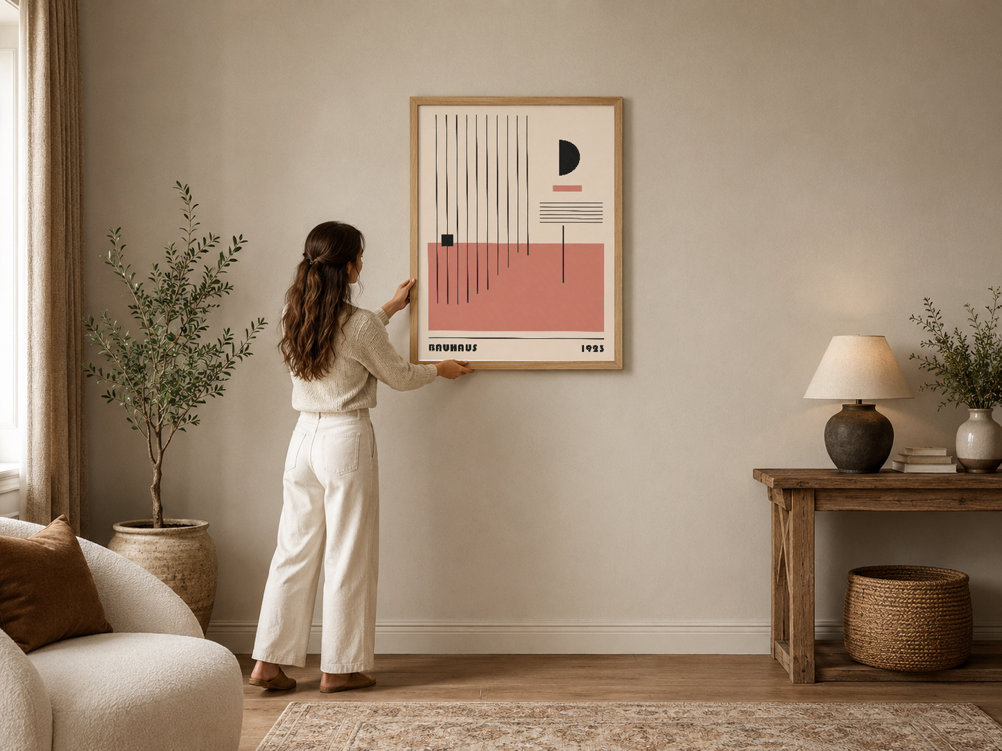 Bauhaus tarzı soyut poster, geometrik şekiller ve mercan rengi detaylarıyla modern oturma odasını zenginleştiriyor.