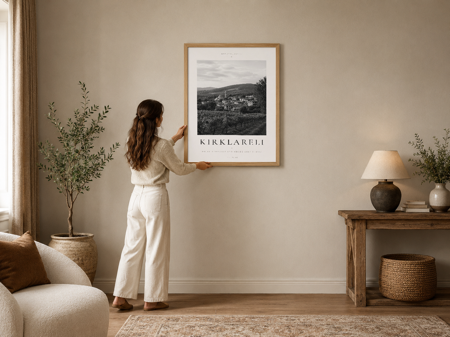 Kırklareli şehrine ait siyah beyaz doğal manzara fotoğrafı, ahşap çerçevede asılı modern oturma odasında.