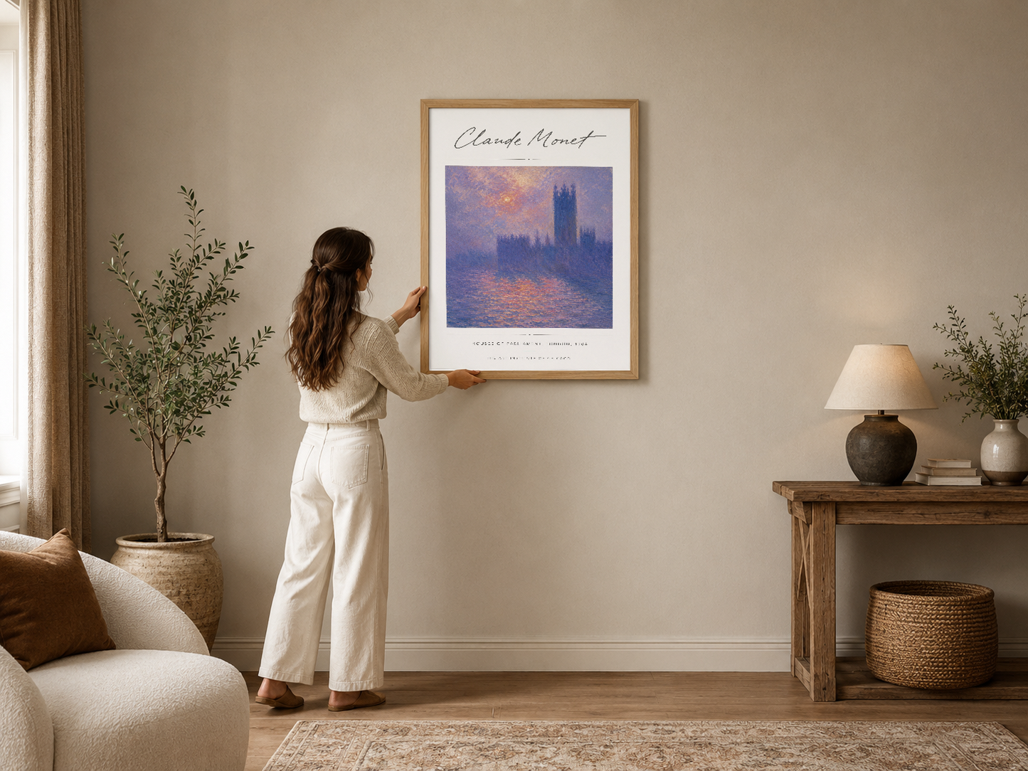 Claude Monet imzalı, İngiltere Parlamentosu'nun mor-pembe tonlarında sulanış sahnesi, doğal çerçevede.