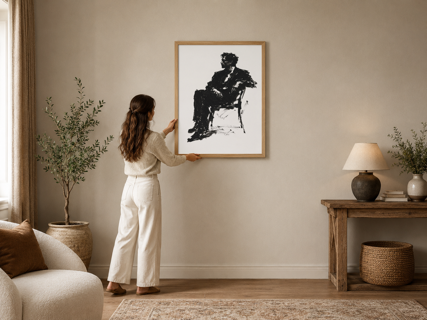 Siyah mürekkep çizgi stilinde oturan bir adamın portresi, doğal ışıkla aydınlanan modern oturma odasında.