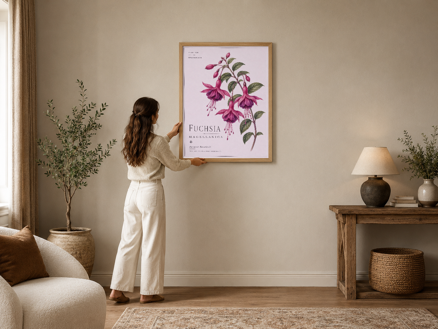 Botanik tarzı fuchsia çiçek tablosu, ahşap çerçeveli, modern oturma odasında dekoratif duvar sanat ürünü.
