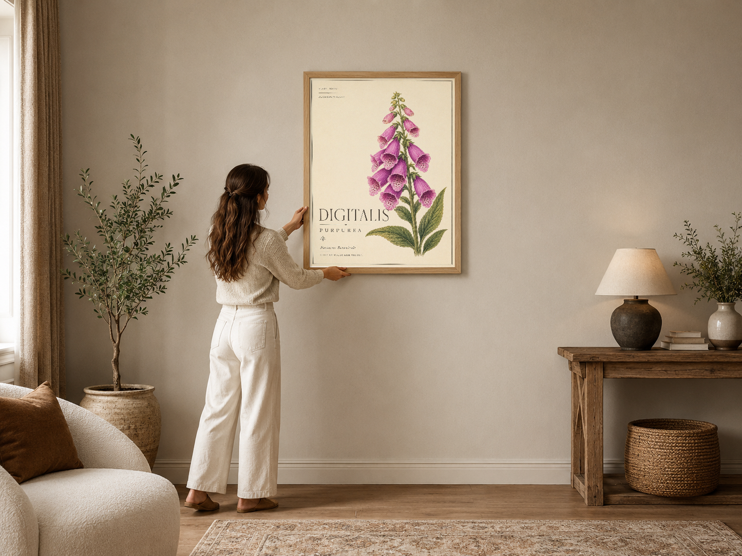 Botanik tarzı Digitalis Purpurea tablosu, çerçeveli, sıcak modern oturma odasında duvar süslemesi.
