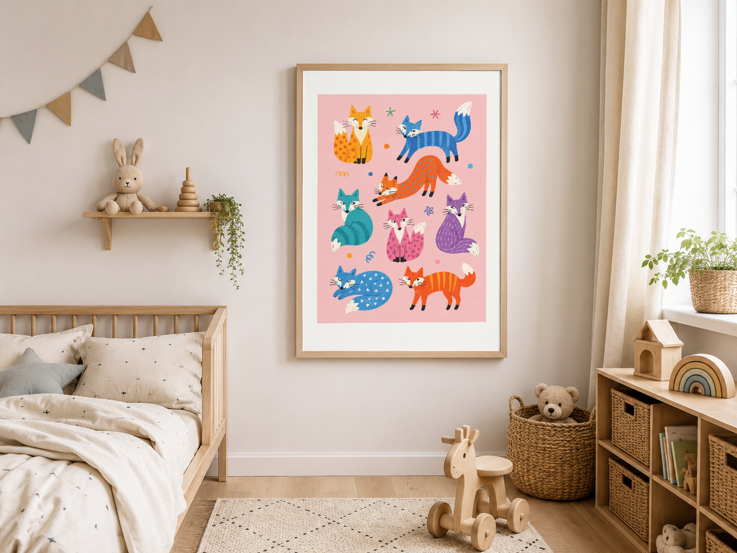 Renkli kediler, tilkiler ve tavşanlarla dolu pembe poster çerçeveli çocuk odasında.