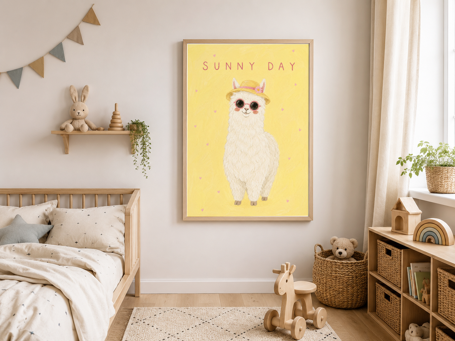 Sarı zemin üzerine sevimli beyaz alpaka figürü ve Sunny Day yazısı barındıran çocuk odası duvar tablosu.