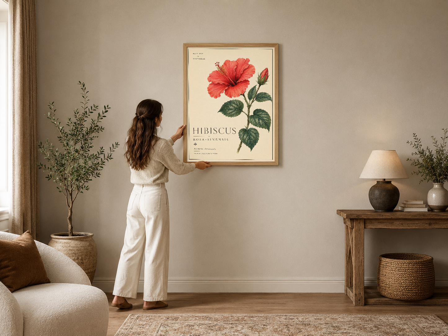 Botanik tarzı hibiskus tablosu, ince çerçevesiyle modern oturma odasında zarif dekorasyon oluşturuyor.