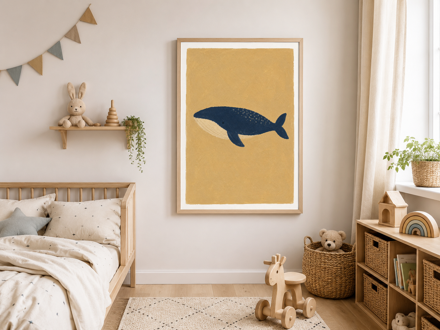 Sarı tonlu arka planda stilize lacivert balina motifi, çocuk odasında ahşap çerçeveli poster.
