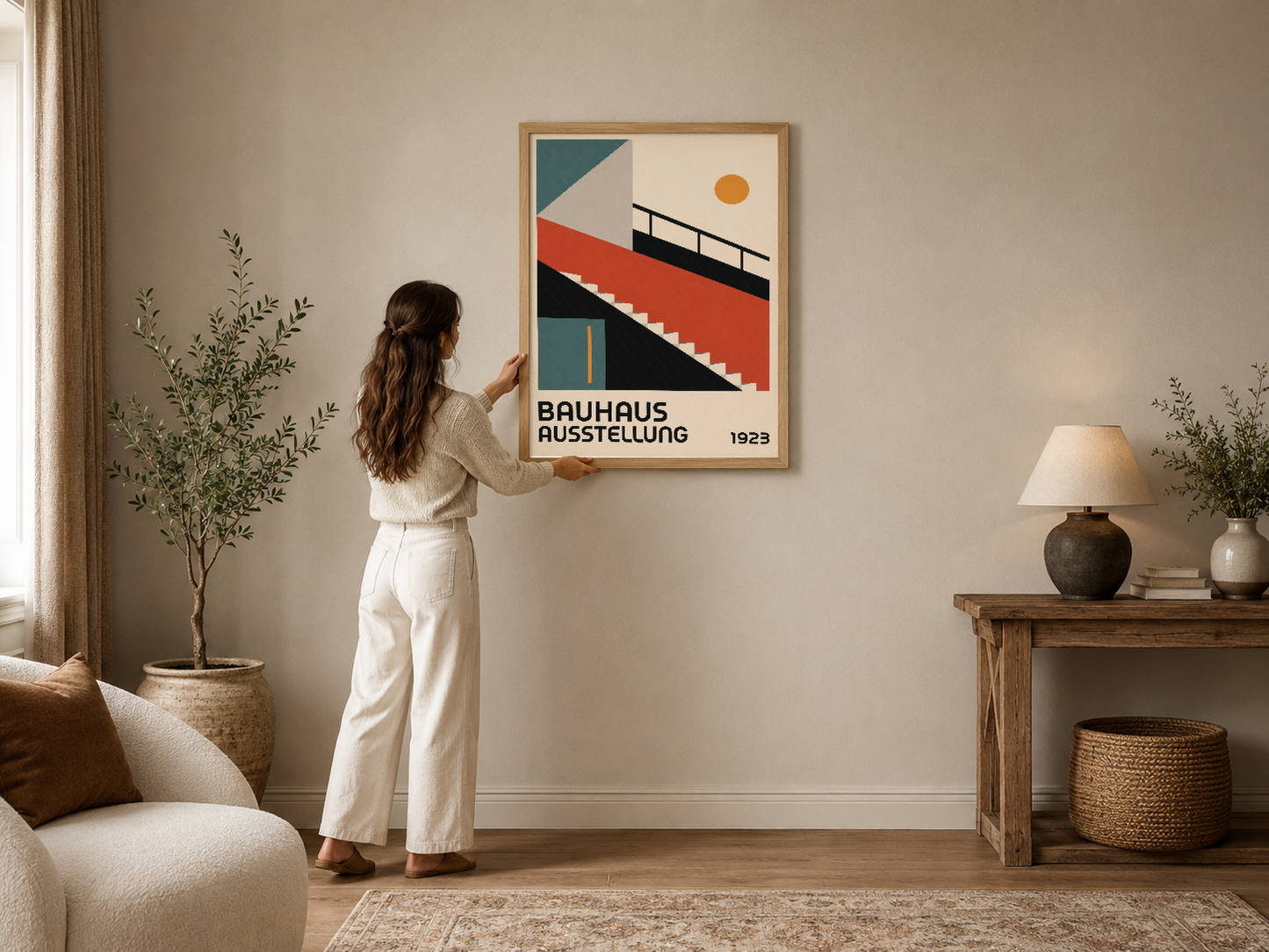 Bauhaus Ausstellung 1923 posteri, geometrik merdiven ve renkli şekilleri modernist tasarımda sergilemiştir.