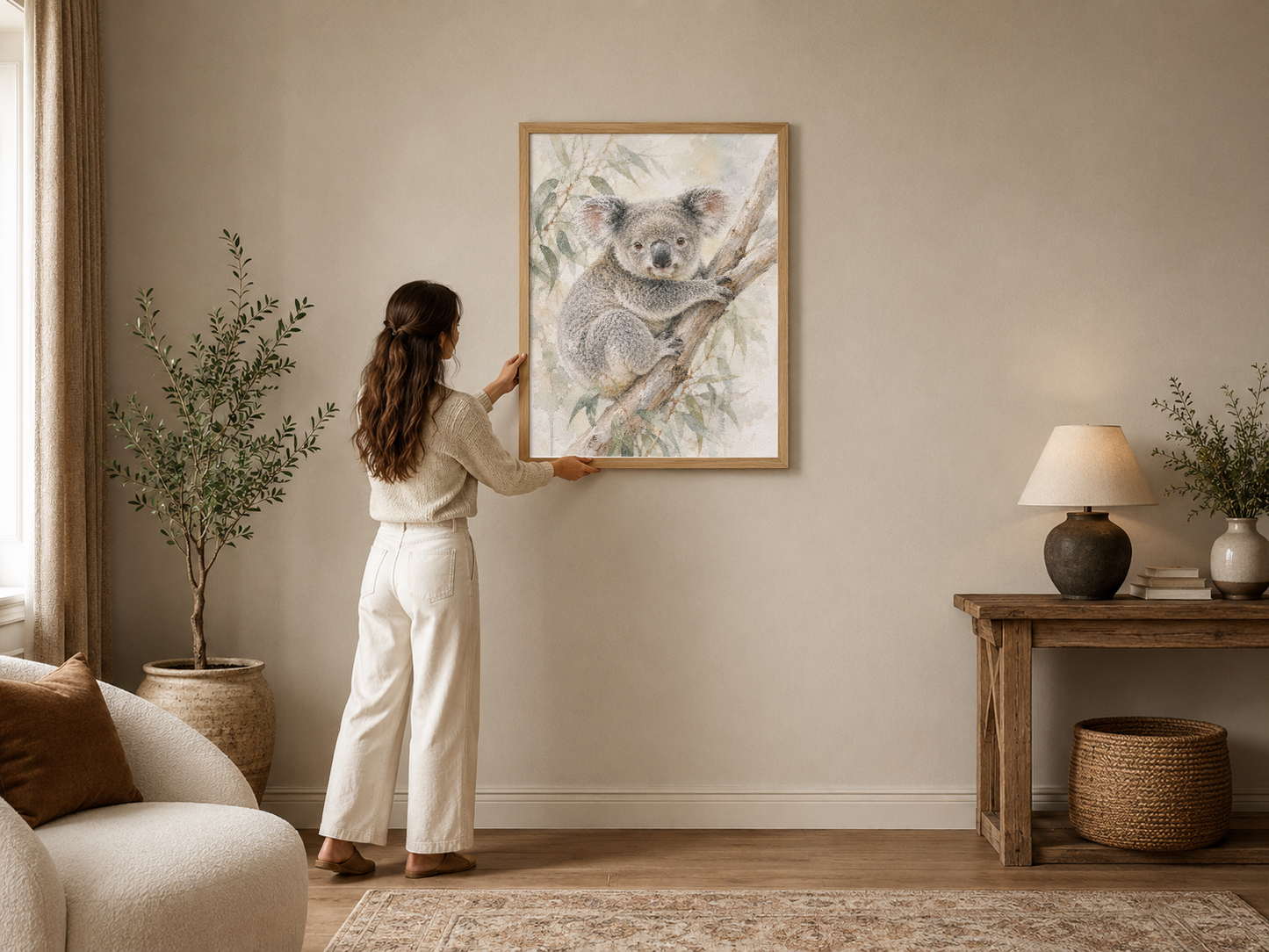 Doğal ışıklı oturma odasında, koala portresi çizim tablo ahşap çerçevede asılıdır.