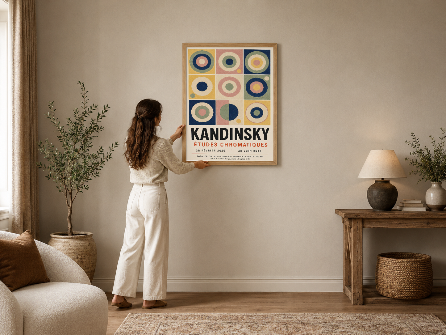 Kandinsky'nin ikonik geometrik daire kompozisyonu, sıcak ve soğuk tonlardan oluşan özet sanat posterinin çerçeveli versiyonu.