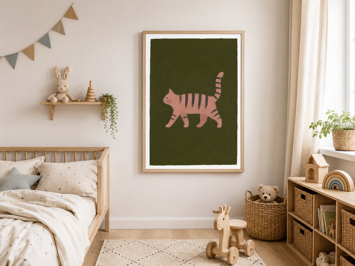 Pembe çizgili kedi silueti, haki yeşil zemin üzerinde, çocuk odası duvar tablosu.