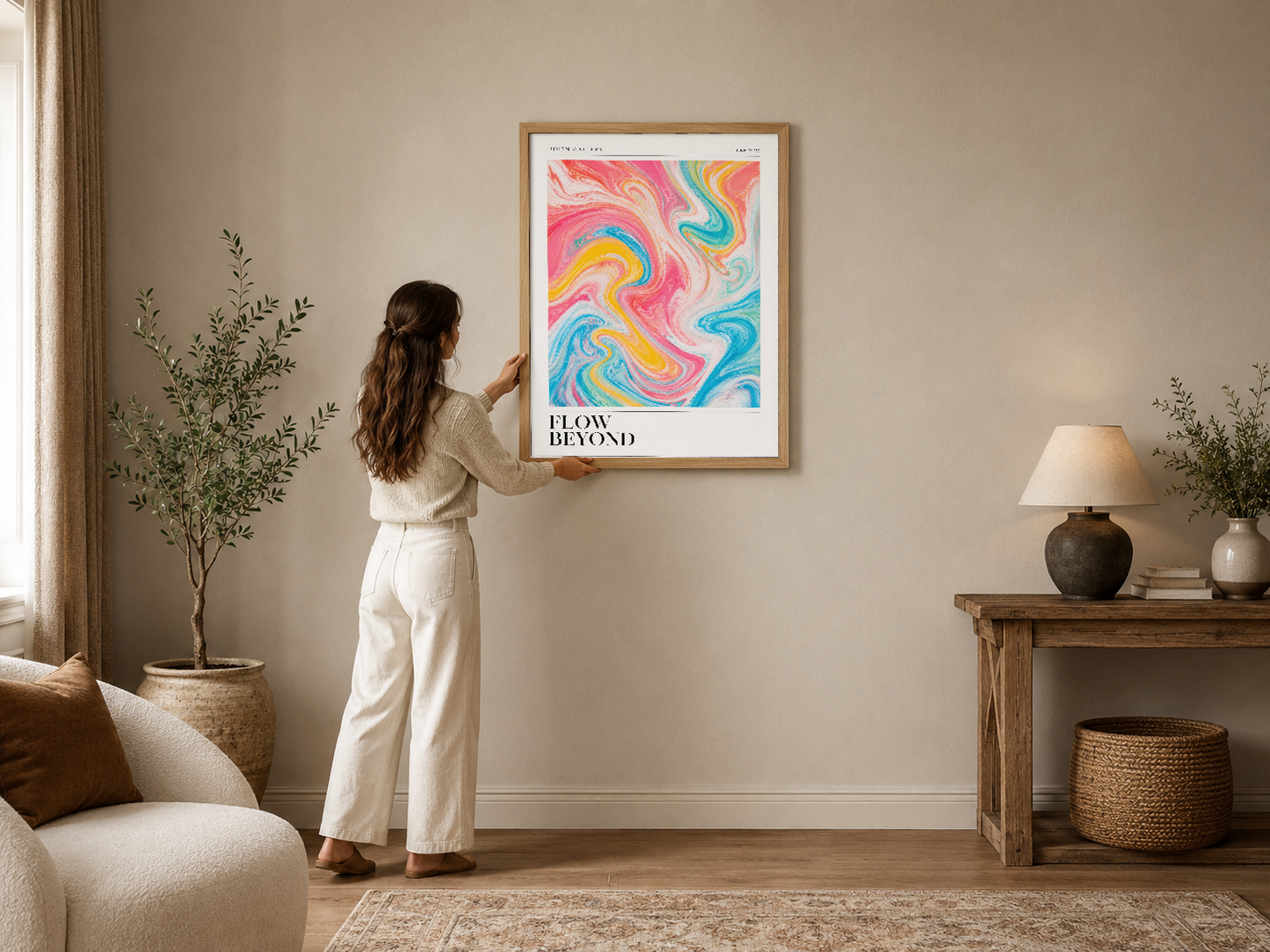 Canlı sıvı akışkan sanat tasarımı, pastel ahşap çerçevede, modern oturma odasının duvarını canlandırıyor.