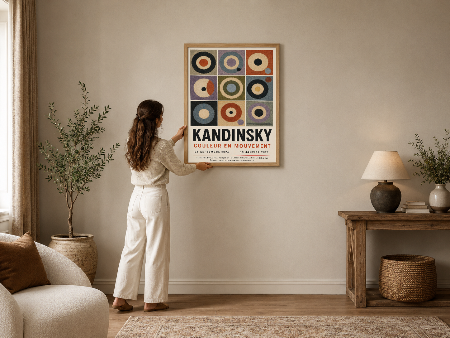 Kandinsky'nin ikonik geometrik çemberler tablosu, ahşap çerçevede modern oturma odasının duvarını canlandırıyor.