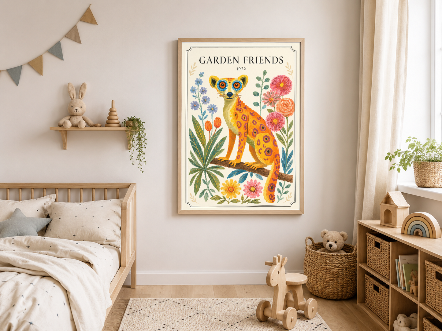 Sarı leoparla çevre çiçekleri tasvir eden vintage sanat tablo, çocuk odası dekorasyonunda zarif çerçeveli duvar sanatı.