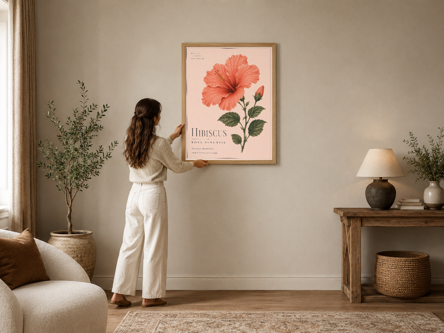 Açık pembe zemin üzerinde canlı mercan çiçeği detayı ile botanik tarzı Hibiscus duvar tablosu, ahşap çerçevede.