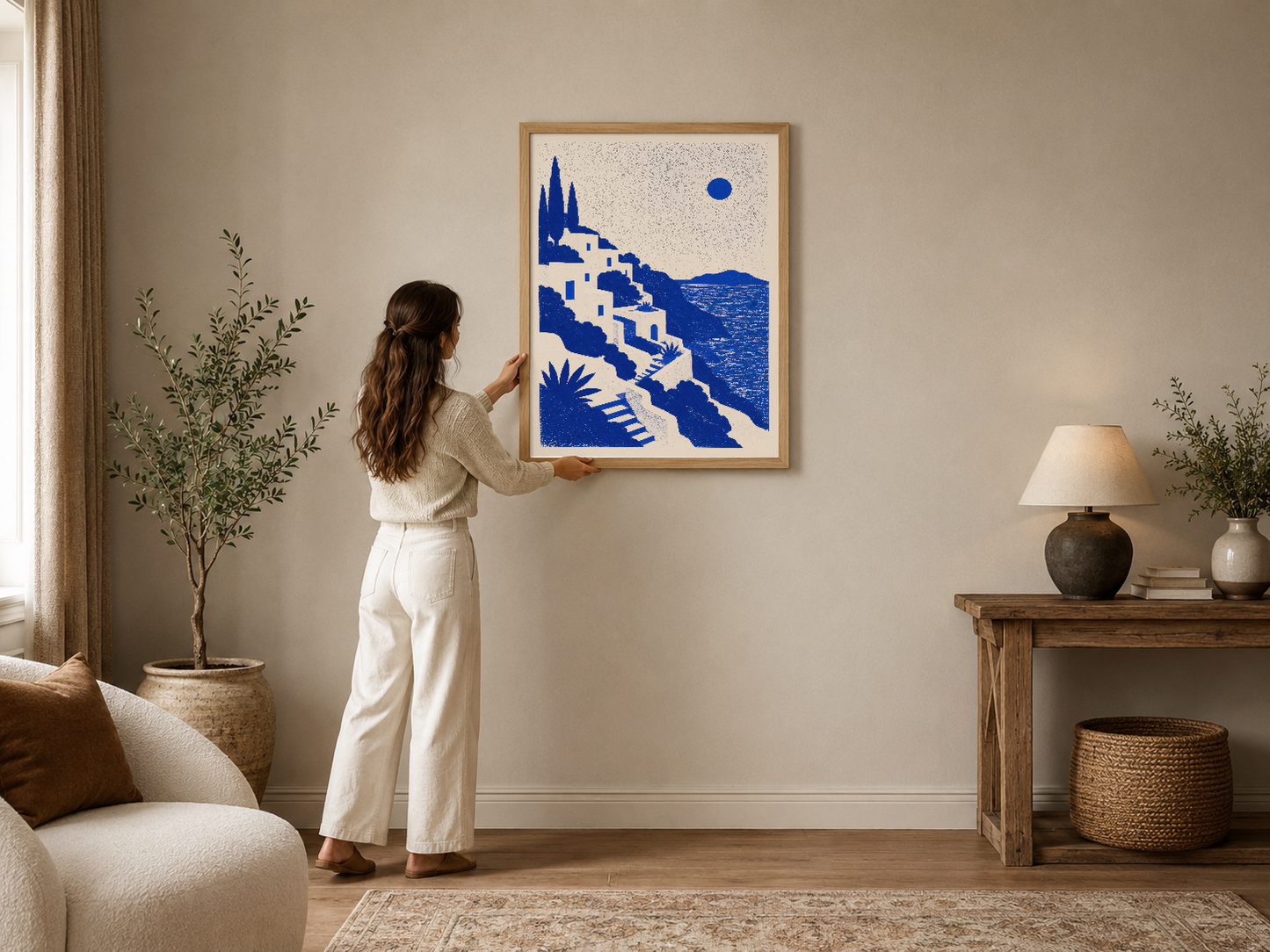 Kobalt mavi ve krem tonlarında, geometrik mimari motifler ve ay sembolü içeren modern sanat tablosu.