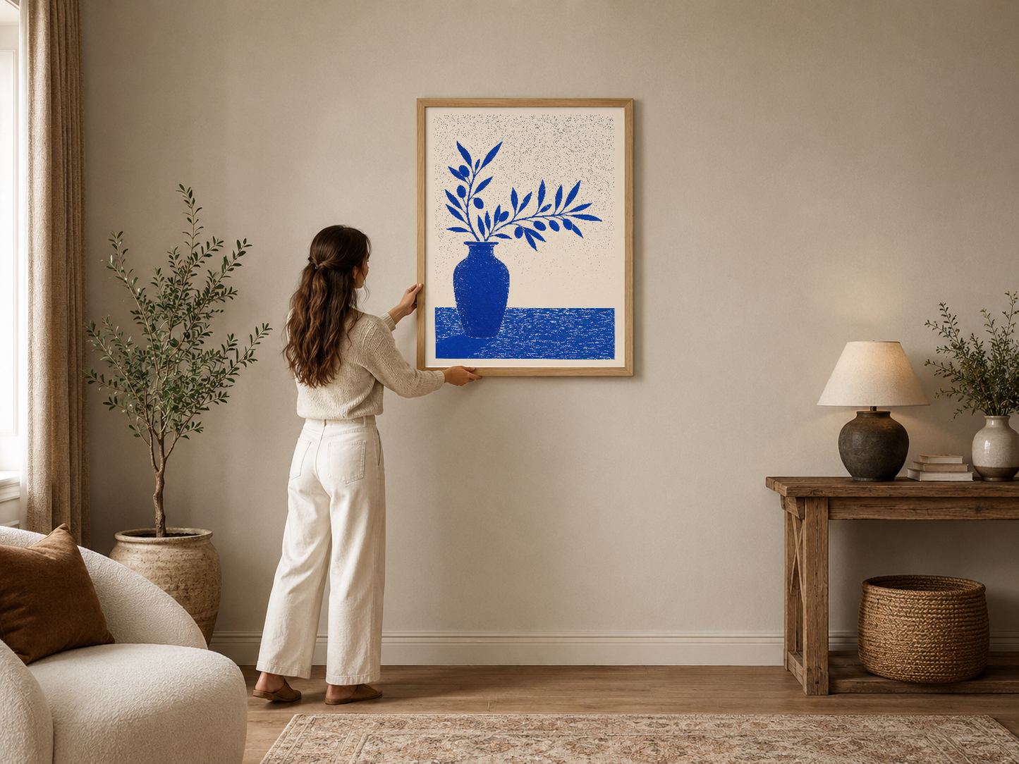 Kobalt mavi vazo ve yapraklar motifli minimalist sanat tablosu, ahşap çerçeveli ve modern oturma odasında sergilenen tasarım.