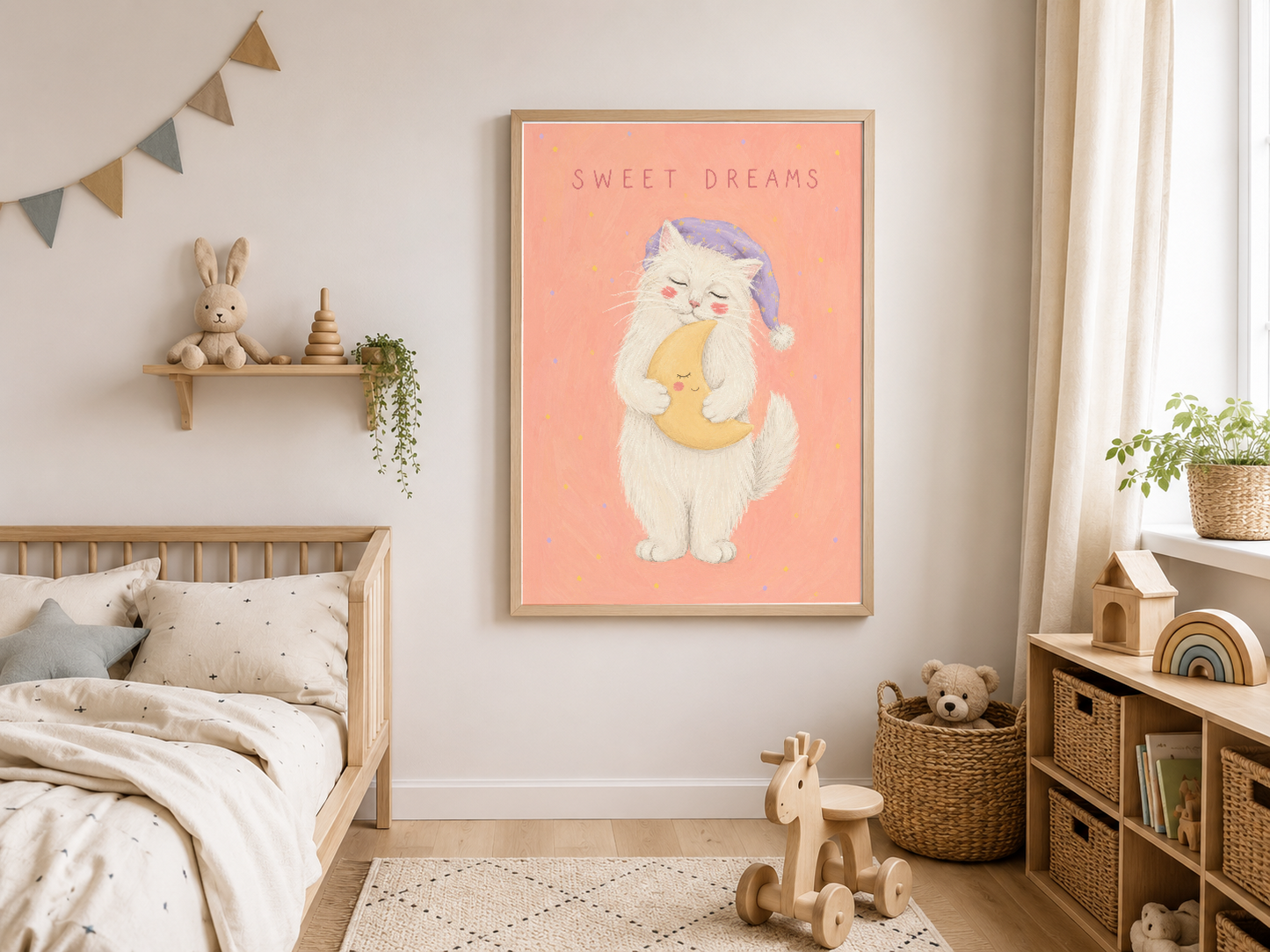 Pembe fondoda, mor başlıklı sevimli beyaz kedi ay tutan illüstrasyon, çocuk odası duvarında çerçeveli.