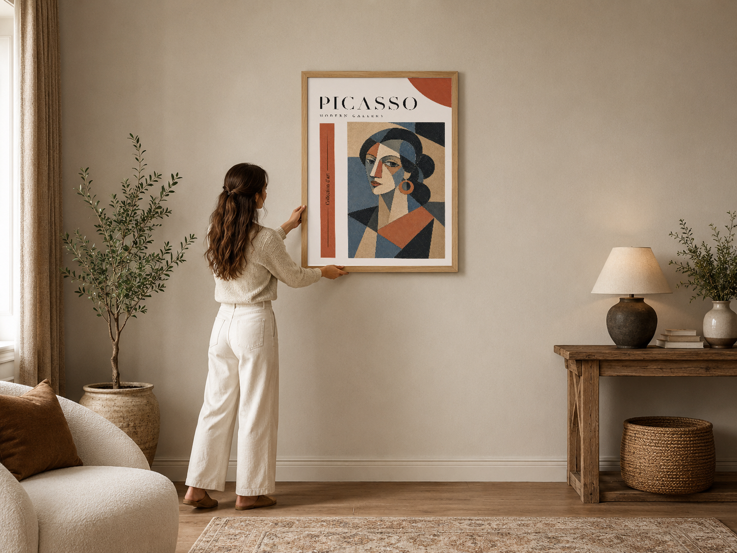Picasso Modern Gallery posteri, geometrik çehre portresi ve toprak tonları ile şık oturma alanında asılı.