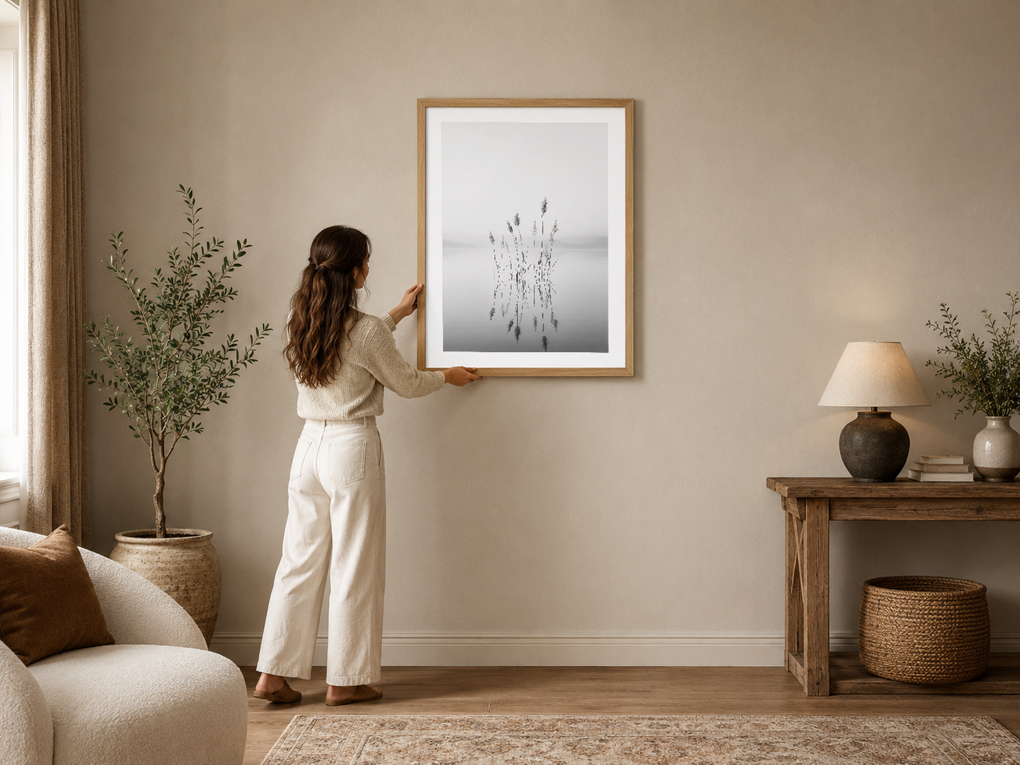 Sakin su yüzeyinde yansıyan saz bitkileri, minimal ve meditativ İskandinav tarzı duvar tablosu.