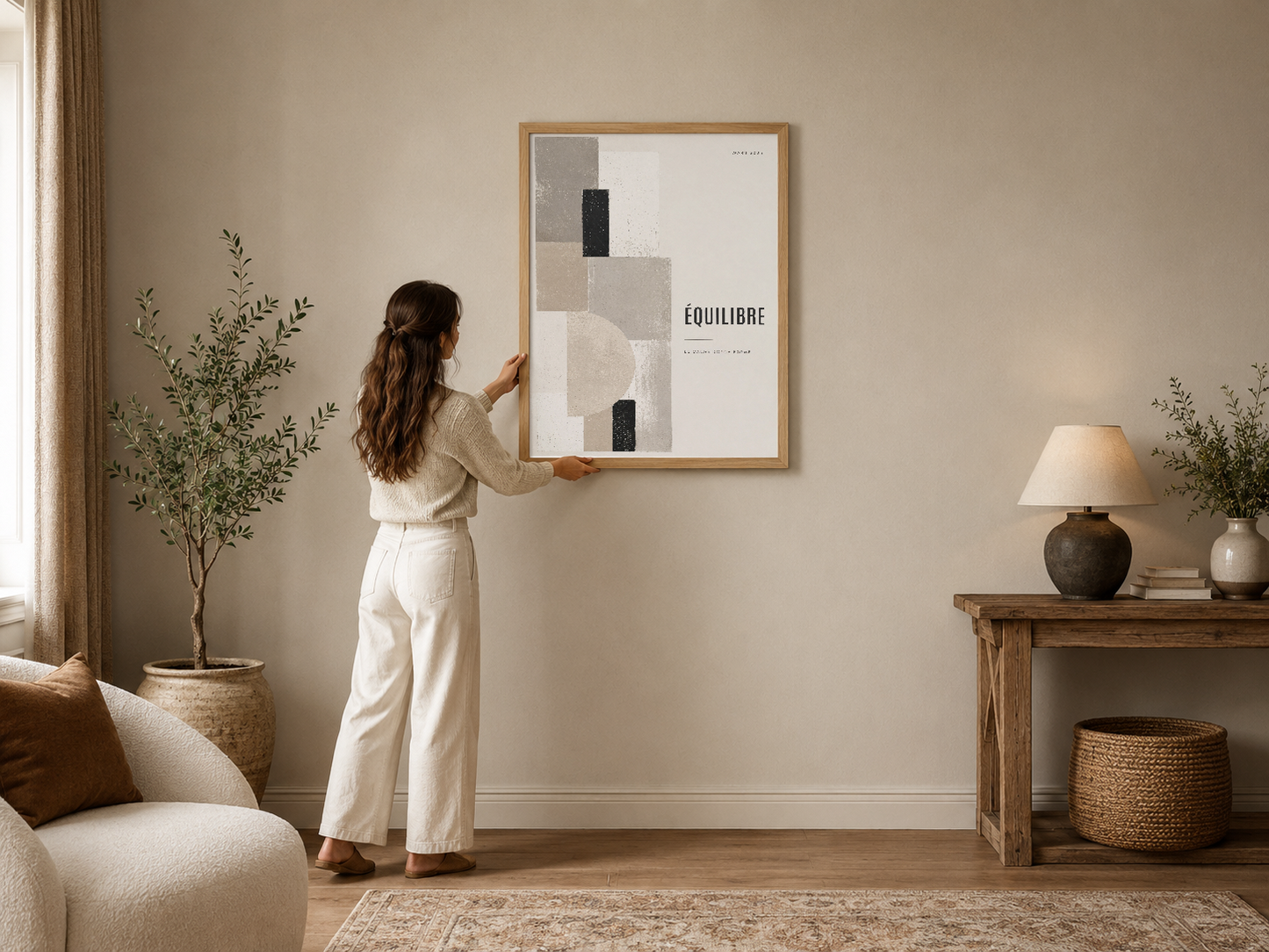 Equilibre soyut tasarım, geometrik şekiller ve nötr tonları harmonyda sunan minimalist duvar tablosu.