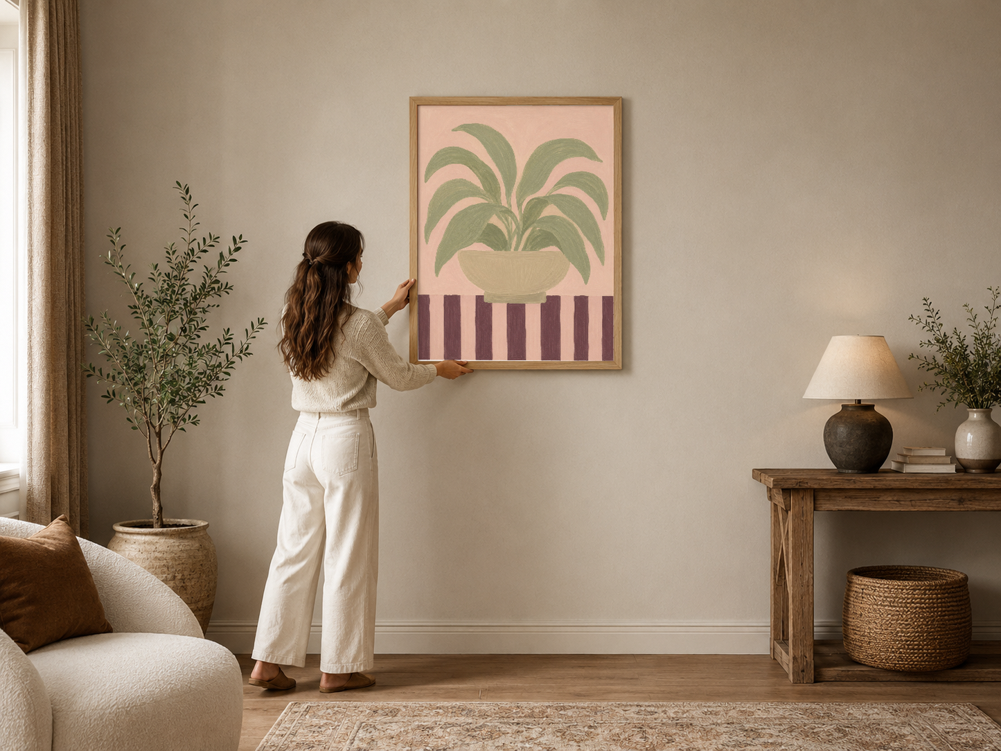 Pastel pembe zemin üzerine yeşil bitki motifleri ve çizgili desen içeren retro tarzı duvar tablosu.