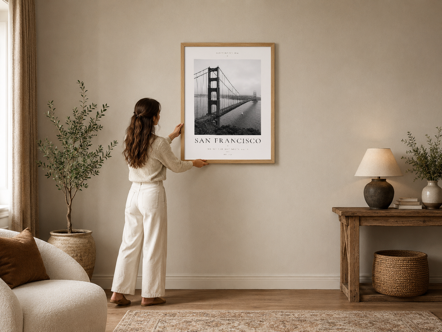 Golden Gate Köprüsü'nün ikonik siyah beyaz fotoğrafı, ahşap çerçevede modern bir oturma odasını zarif kılıyor.