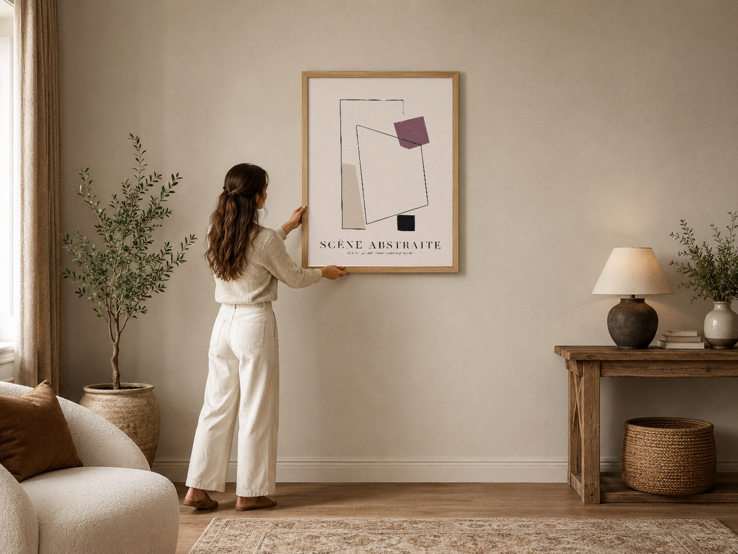 Soyut geometrik tasarımlı Scene Abstraite posteri, ahşap çerçevede modern oturma odasında duvar sanatı.