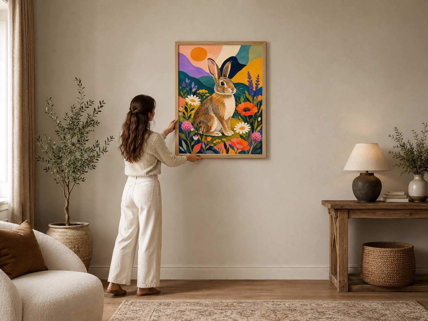 Renkli çiçekler arasında tavşan figürü, sıcak renk paletli sanat tablo, modern ev dekorasyonuna uyum sağlar.