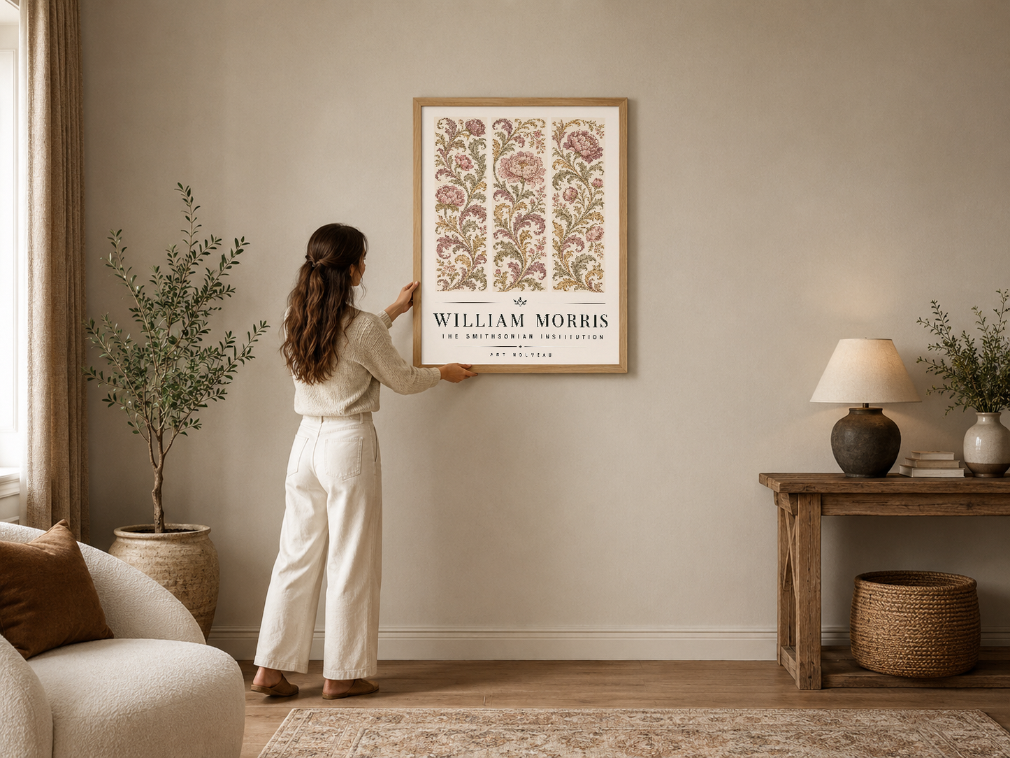 William Morris çiçek deseni tablosu, ahşap çerçevede, sıcak tonlu modern oturma odasında duvar dekoru.