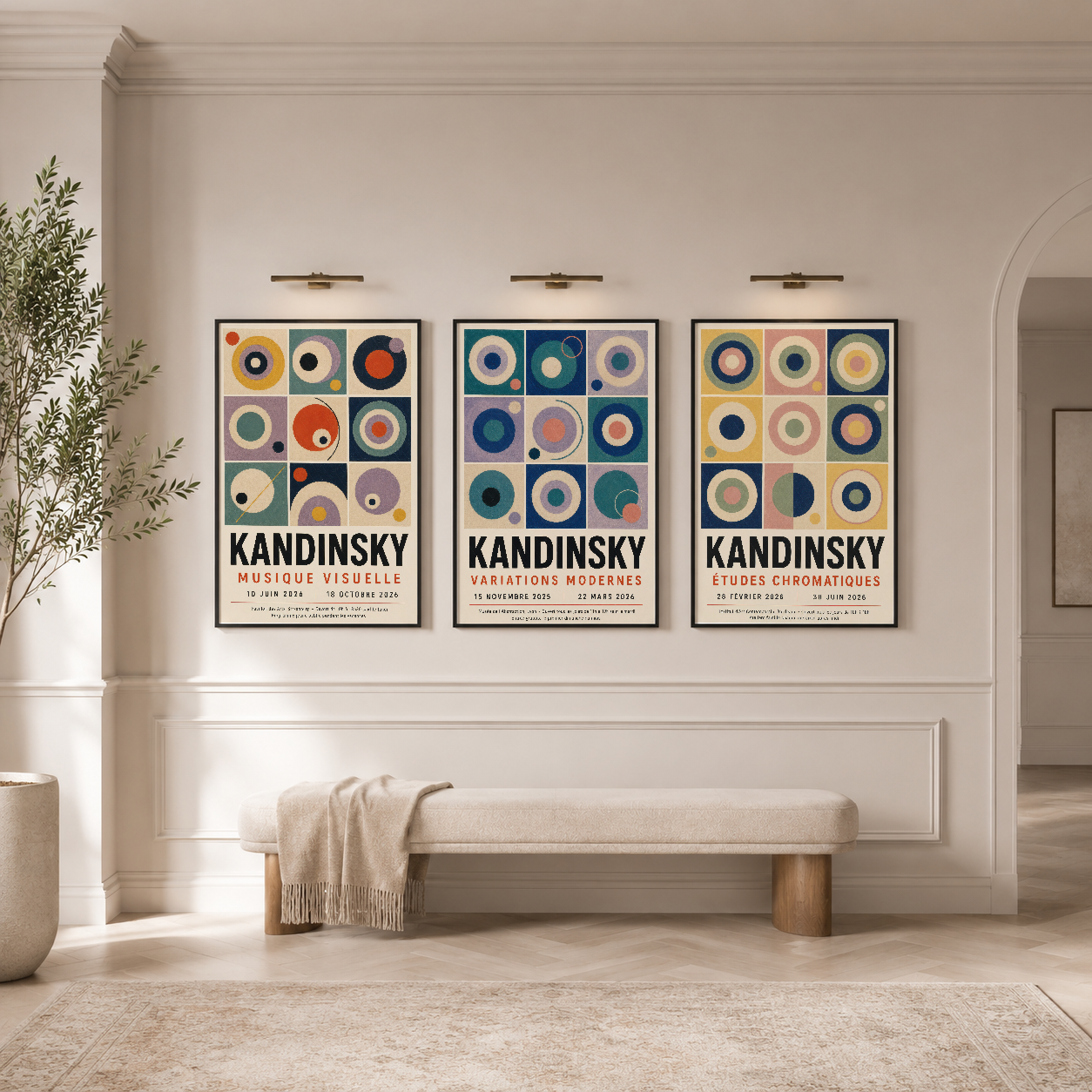 Kandinsky'nin geometrik daire motiflerinden oluşan üç çerçeveli poster seti, modern duvar dekorasyonunda sanat ve renk