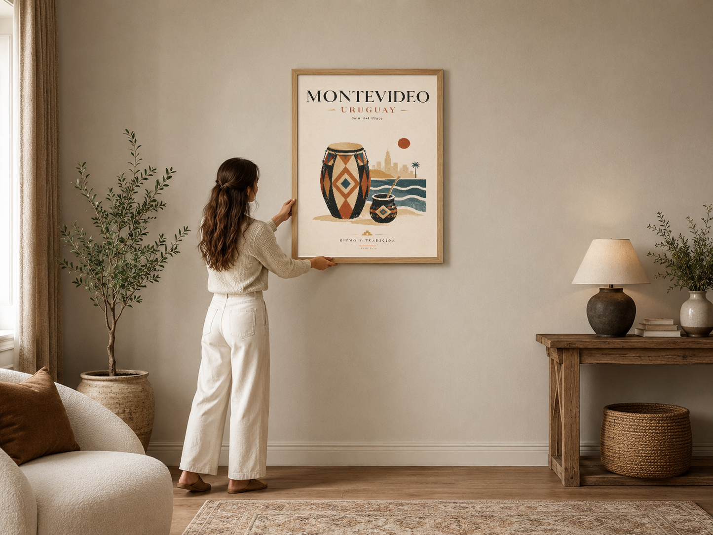 Montevideo Uruguay temalı sanat poster, etnik enstrüman ve şehir silueti motifleriyle çerçevelenmiş duvar tablosu.