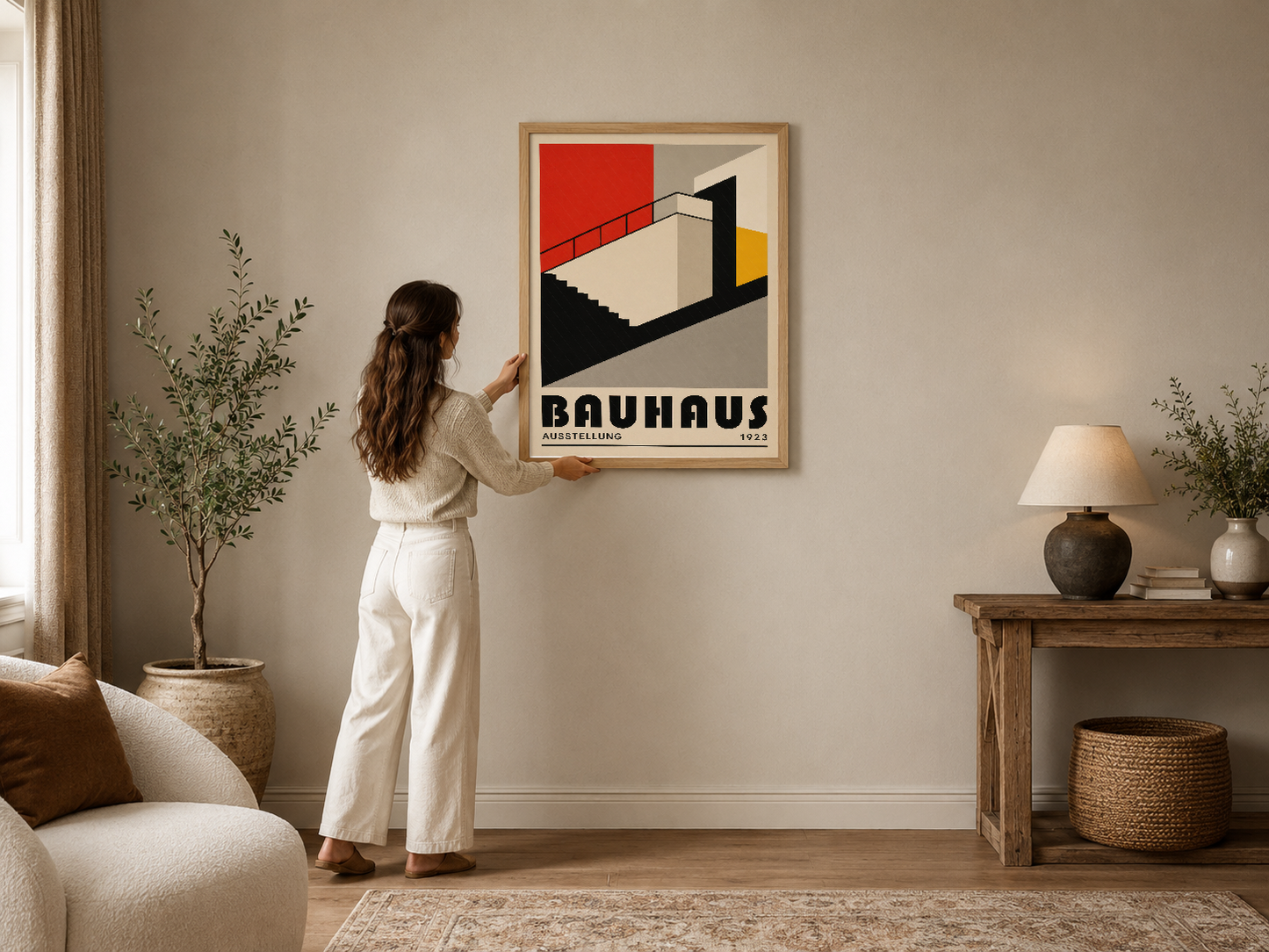 Bauhaus 1923 sergisi posterinin orijinal tasarımı; kırmızı, siyah ve sarı geometrik formlarla oluşturulmuş ikon niteliğinde