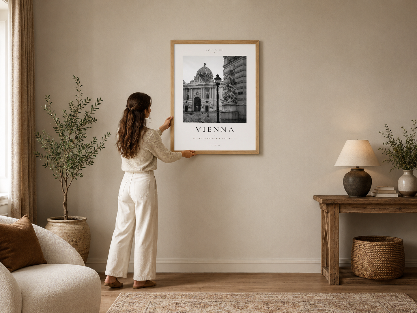 Viyana Katedrali'nin siyah beyaz fotoğrafını gösteren zarif çerçeveli poster, modern bir oturma odasında.