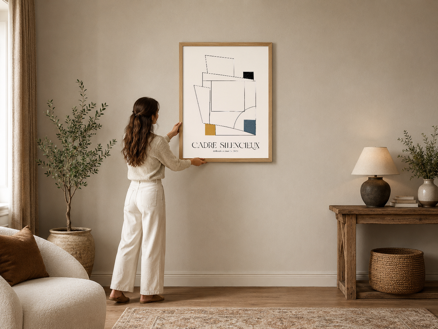 Soyut geometrik tasarım, çizgisel şekiller ve toprak tonlarında detaylarla minimalist duvar tablosu.