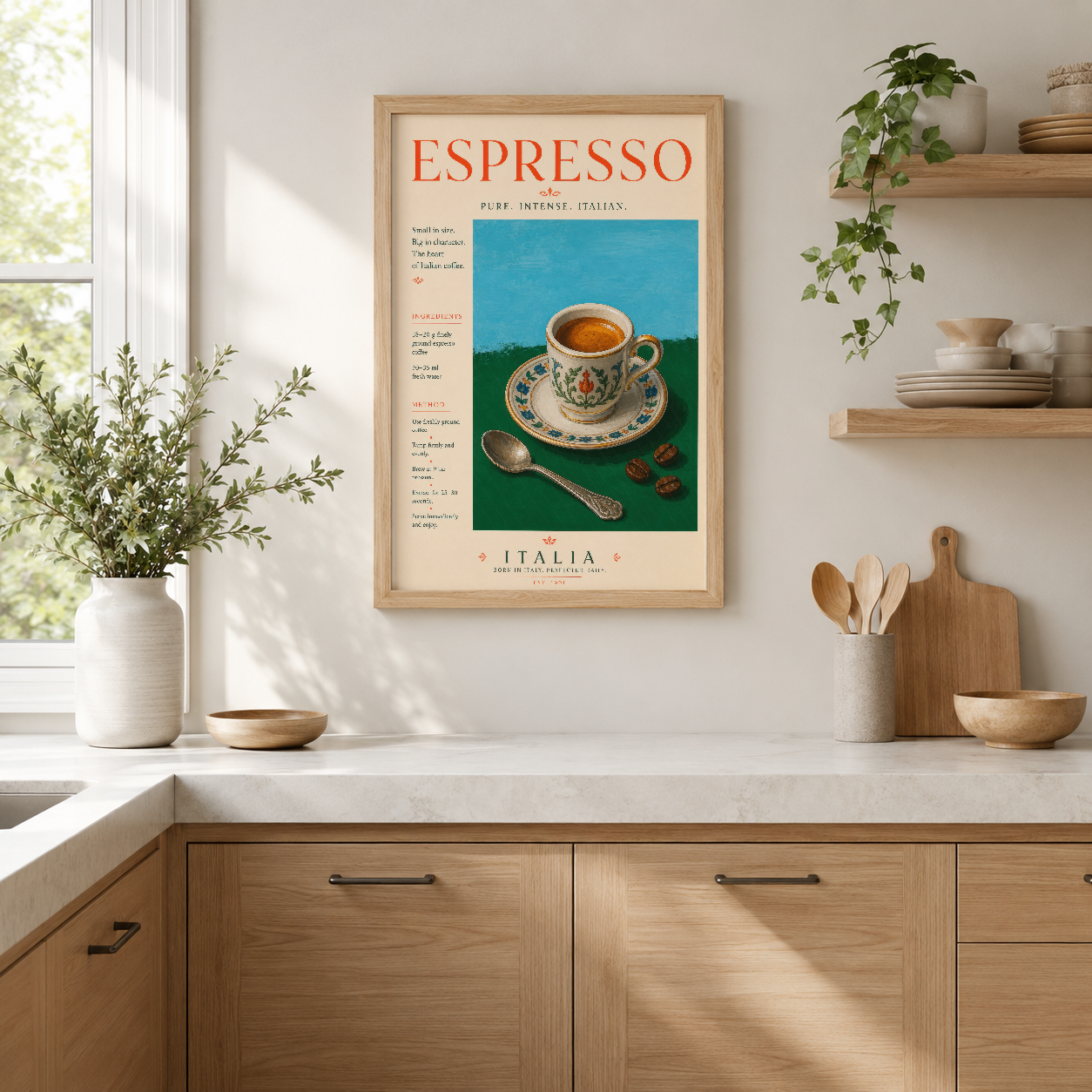 İtalyan espresso kültürünü çağdaş sanat stiliyle sunan, turkuaz ve yeşil zemin üzerinde dekoratif fincan tasarımı içeren