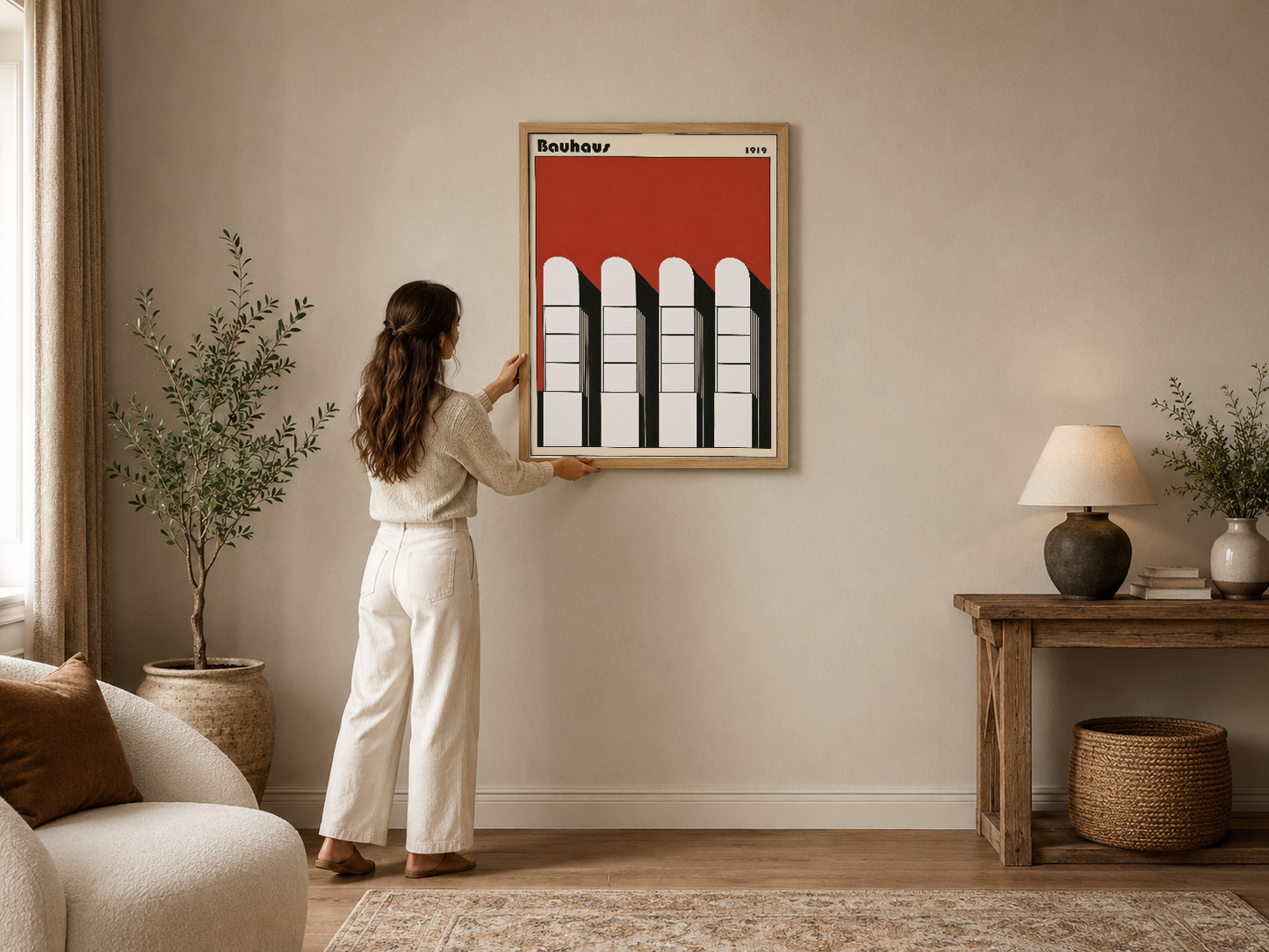 Bauhaus tarzı kırmızı ve siyah pencere tasarımı, modern oturma odasında çerçeveli duvar tablosu.