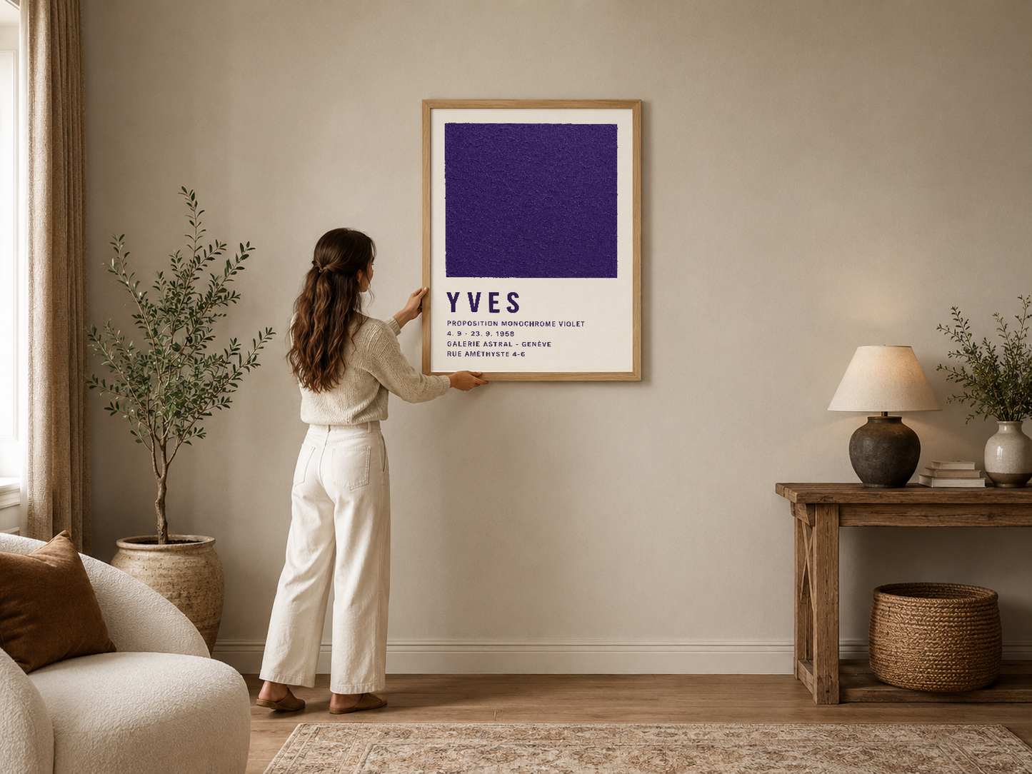 Yves Klein Monokrom Violet posterinin ahşap çerçeveli versiyonu, modern oturma odasında duvar sanatı olarak sergileniyor.