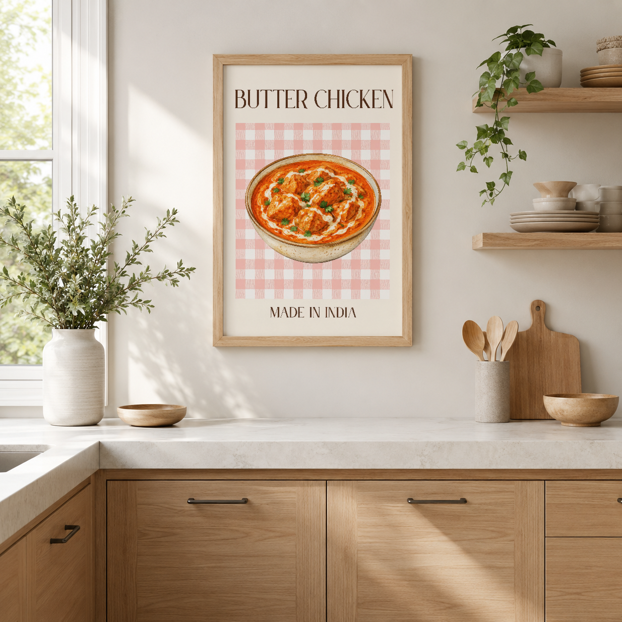 Butter Chicken tablosu, pembe kareli arka plan üzerinde çıtır kızarmış İndian yemeği tasarımı ile mutfak dekorasyonunda