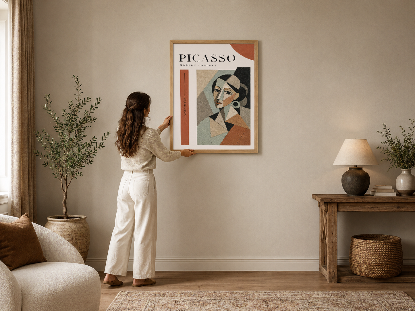 Picasso Modern Gallery posteri, soyut portre tasarımı ile elegant çerçevede, nötr ton oturma odasında duvar sanatı.