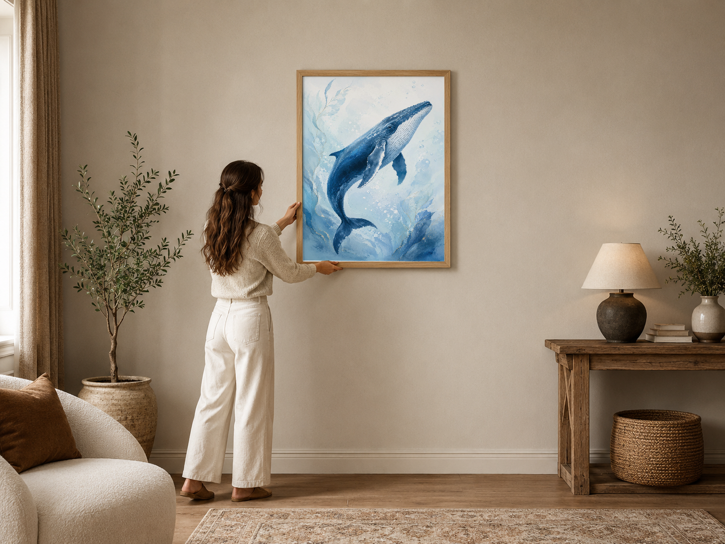 Mavi tonlarında sualtı sahnesi sunan şık cetacean portresi, ahşap çerçevede modern oturma odasını canlandırıyor.