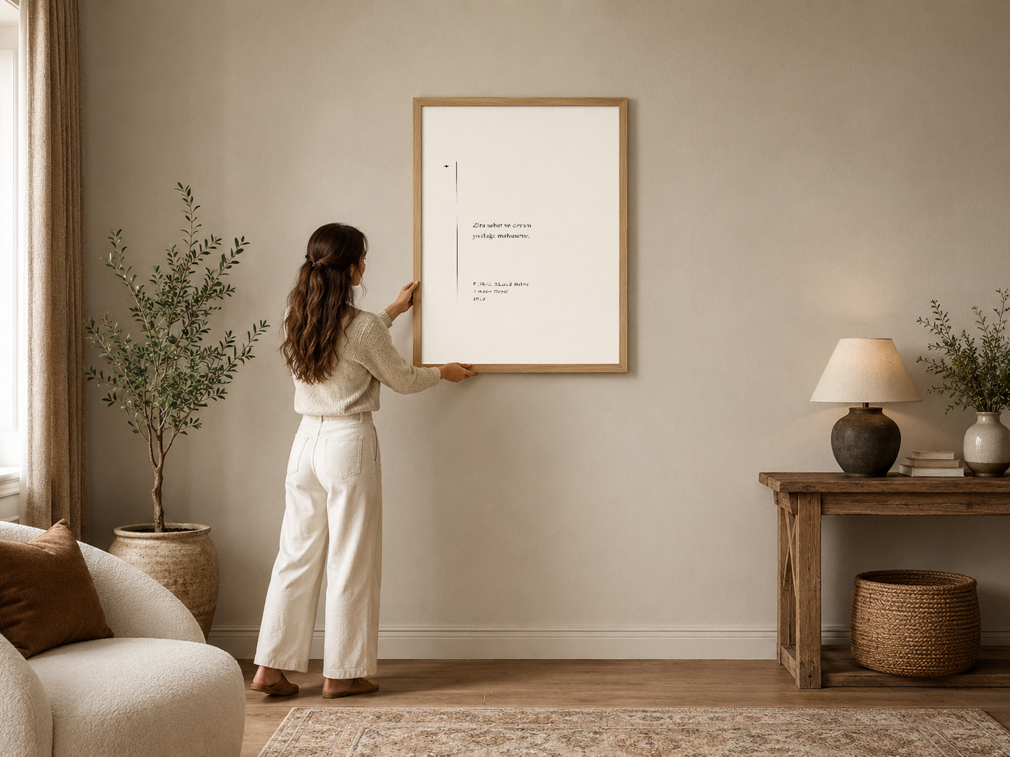 Ahşap çerçeveli minimaliste tablo, modern oturma odasında kanepenin üstünde, sade yazı ve çizgiyle tasarlanmış.